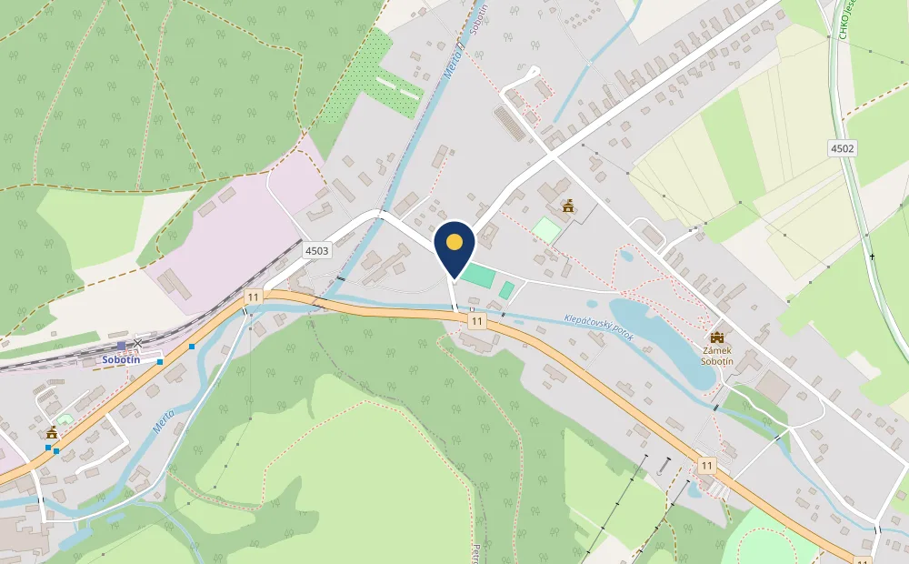 Mapa Sobotína s vyznačeným sportovním areálem TJ Sokol, Sobotín 313